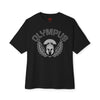 Black t-shirt with 'Olympus' logo on a white background