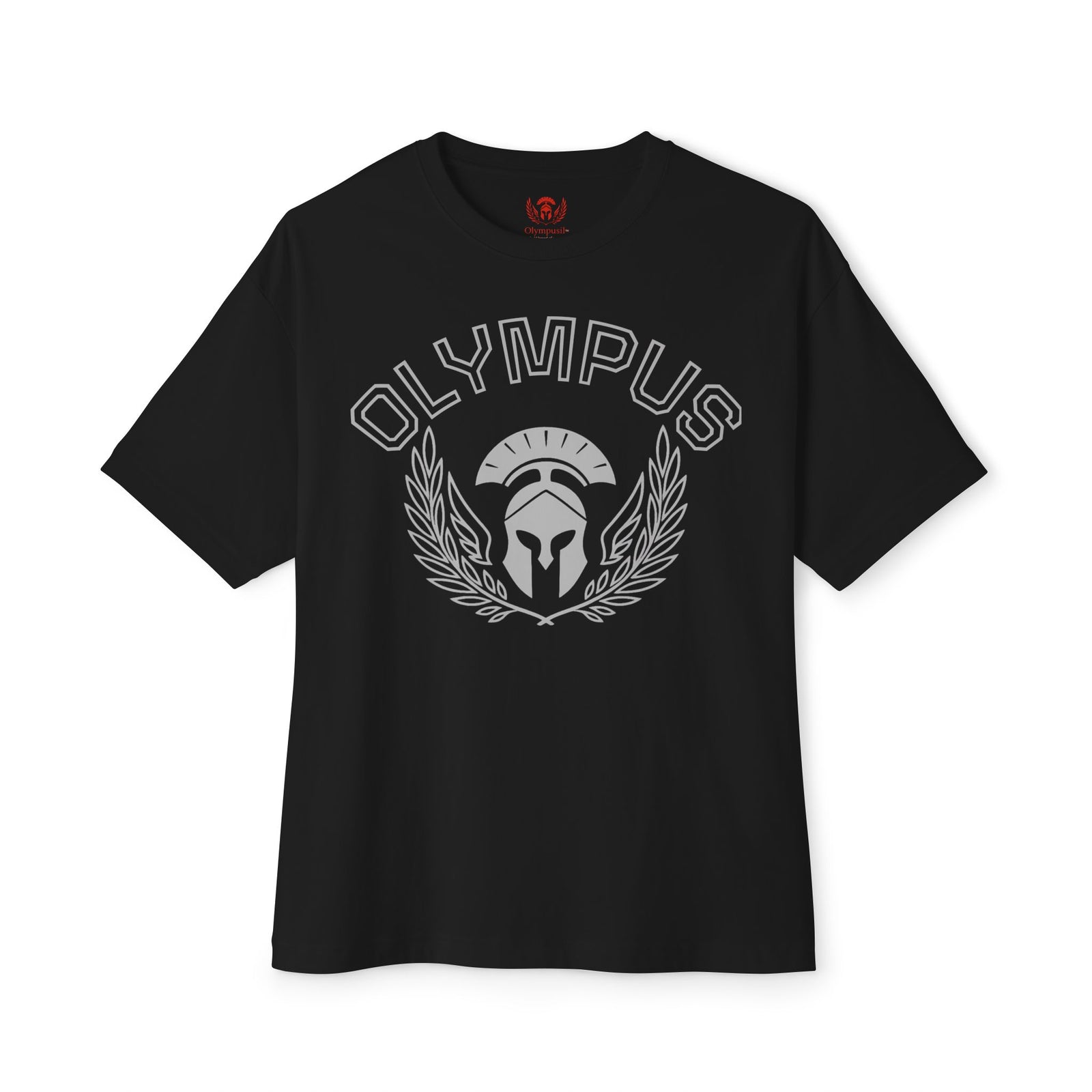 Black t-shirt with 'Olympus' logo on a white background