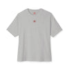 Gray t-shirt with a small red logo on a white background