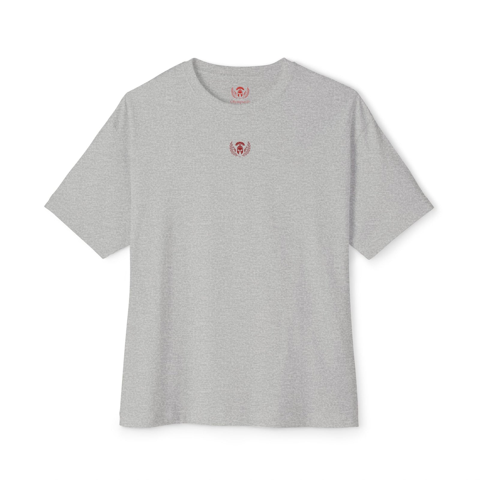 Gray t-shirt with a small red logo on a white background