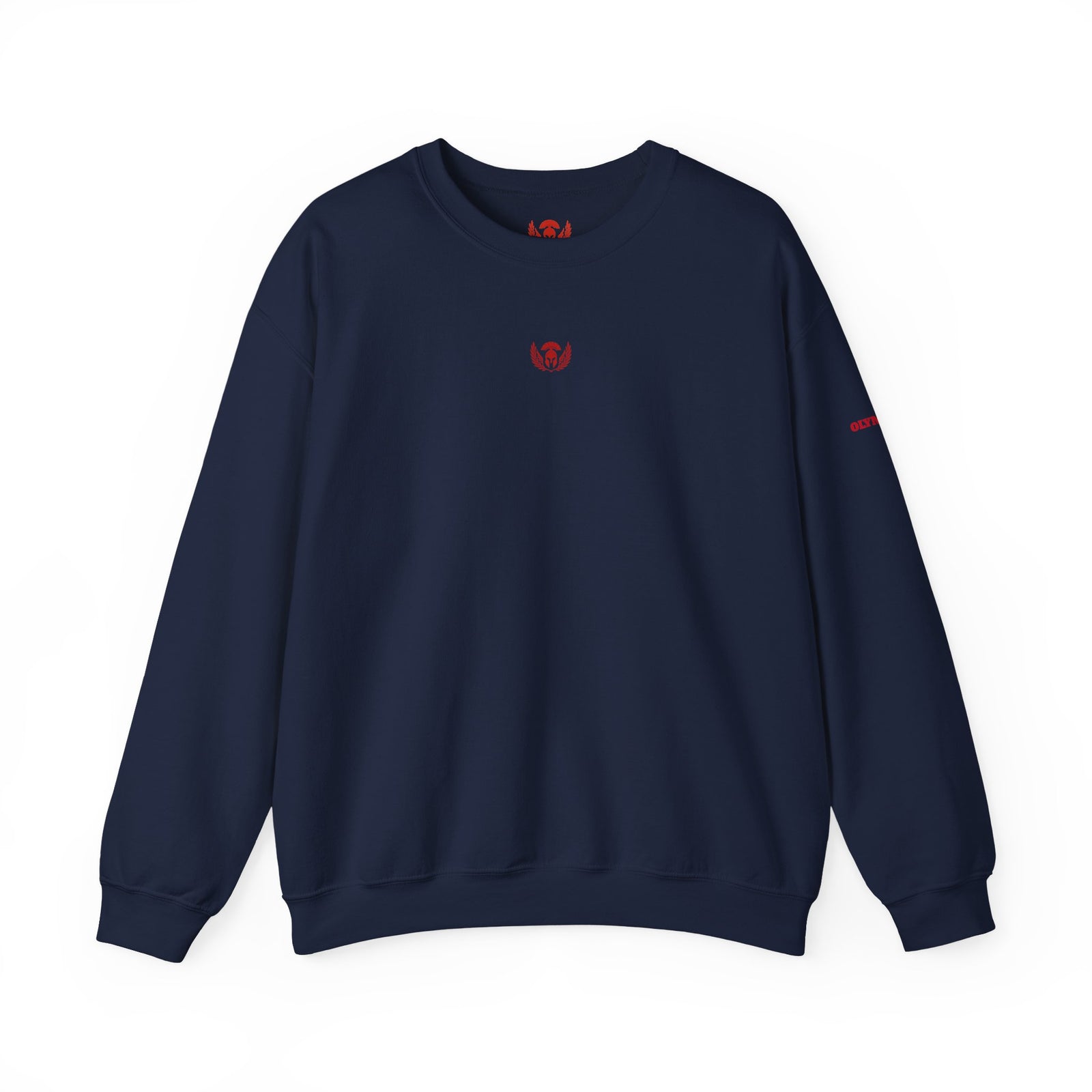 Navy blue sweatshirt with a red logo on a white background