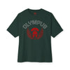 Green t-shirt with red and white 'Olympus' design on a white background