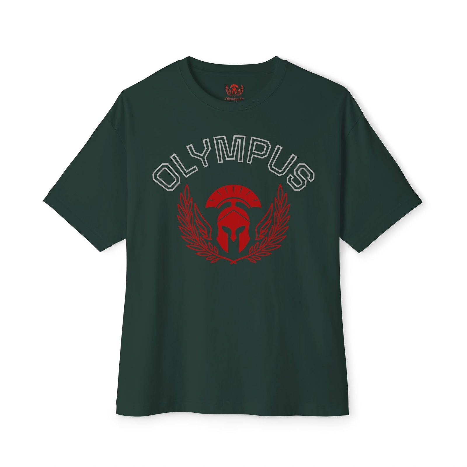 Green t-shirt with red and white 'Olympus' design on a white background