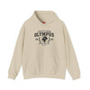 Beige hoodie with 'Olympus' text and graphics on a white background