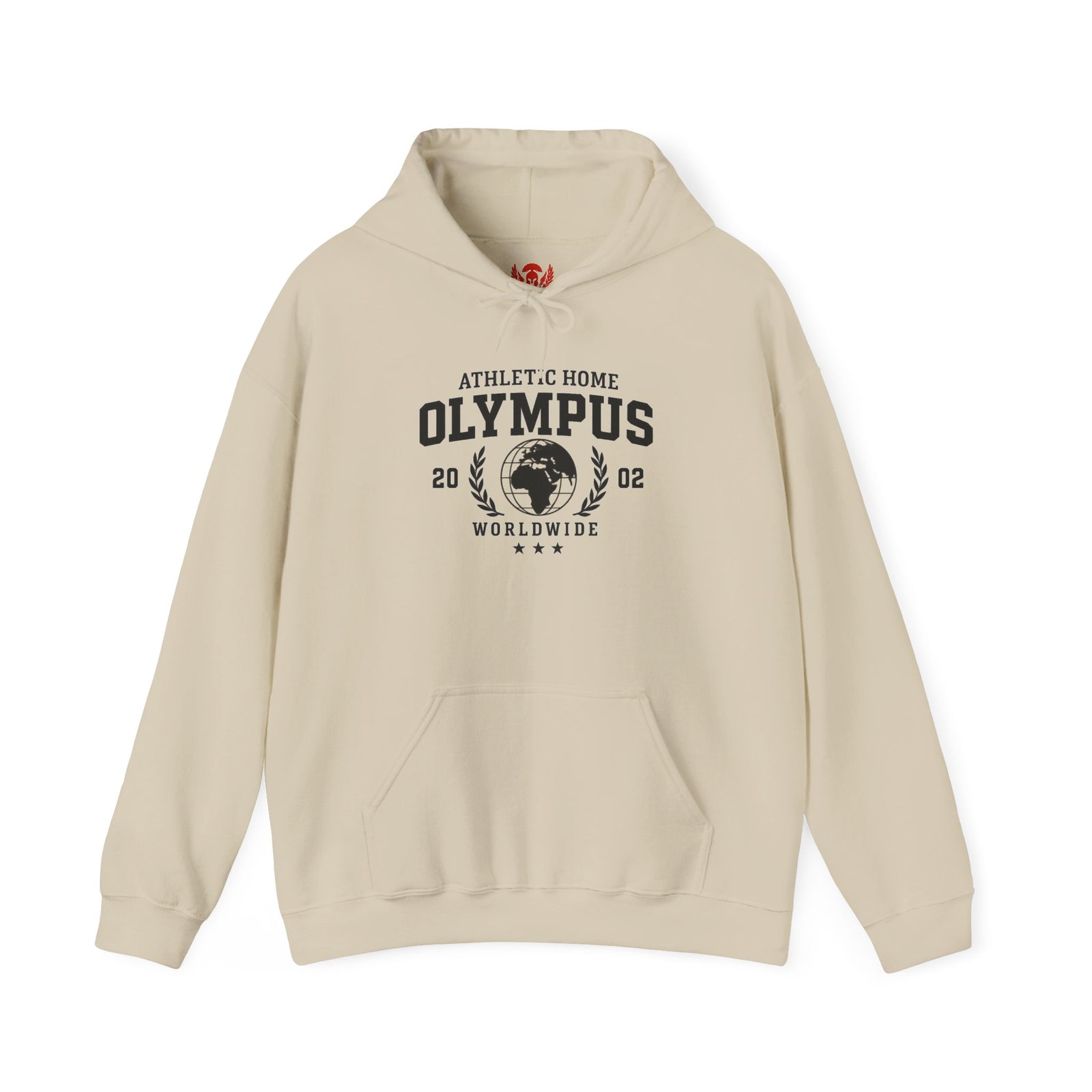 Beige hoodie with 'Olympus' text and graphics on a white background