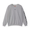 Gray sweatshirt with a small logo on the chest and text on the sleeve against a white background
