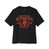 Black t-shirt with red 'Olympus' graphic design on a white background