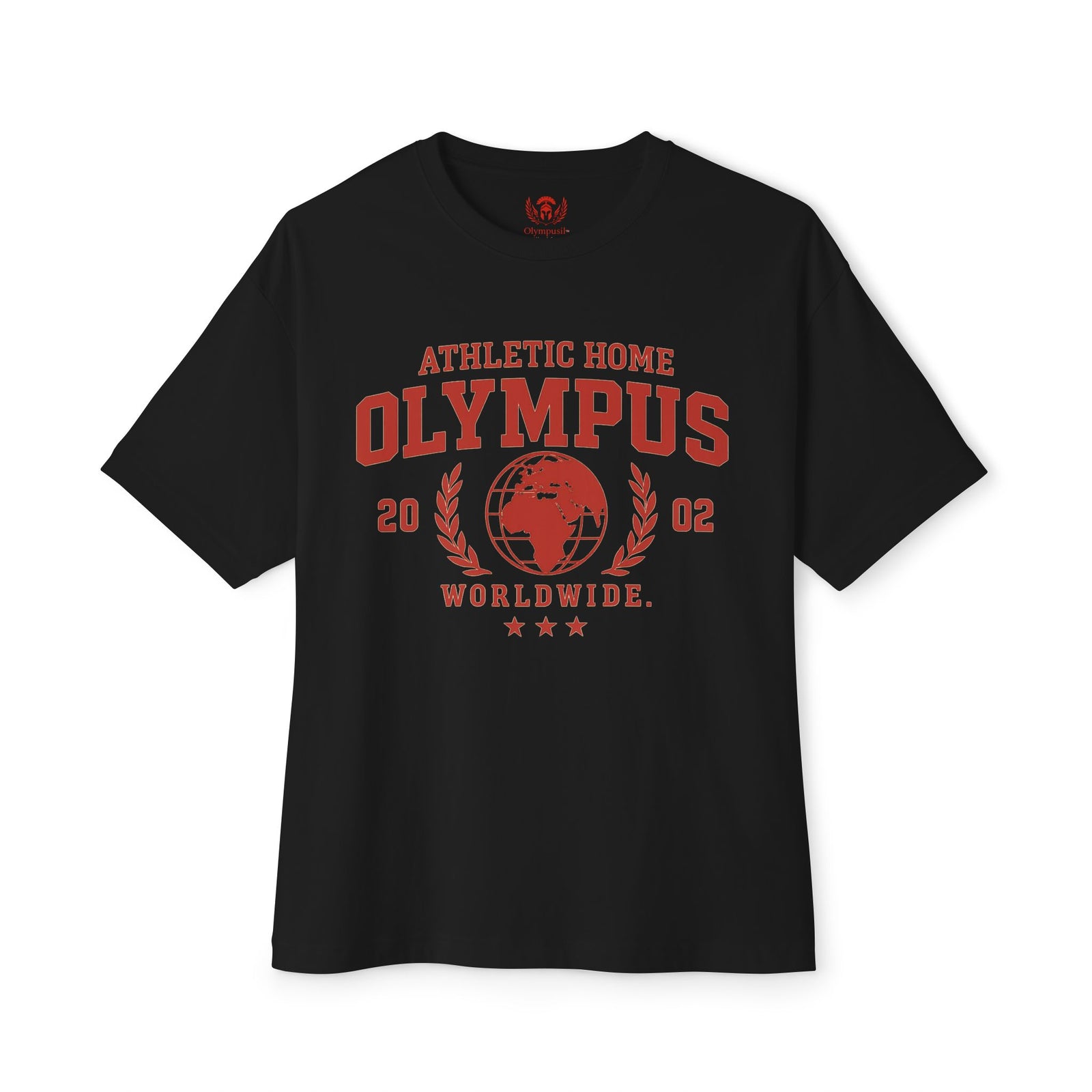 Black t-shirt with red 'Olympus' graphic design on a white background