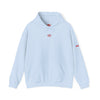 Light blue hoodie with red branding on a white background