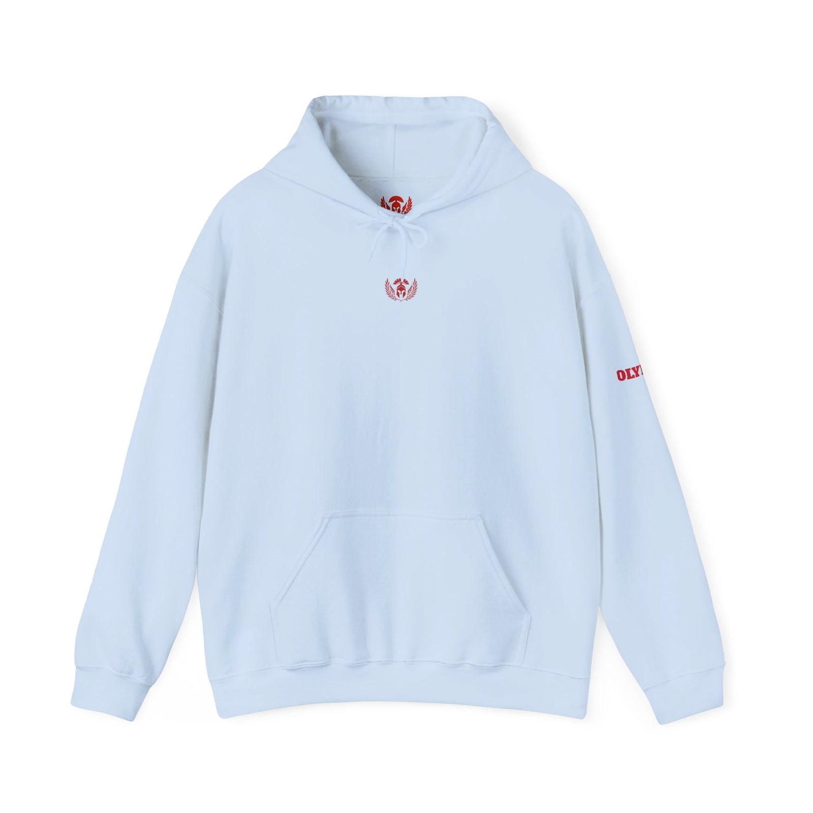 Light blue hoodie with red branding on a white background