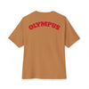 Brown t-shirt with 'OLYMPUS' printed on the back against a white background