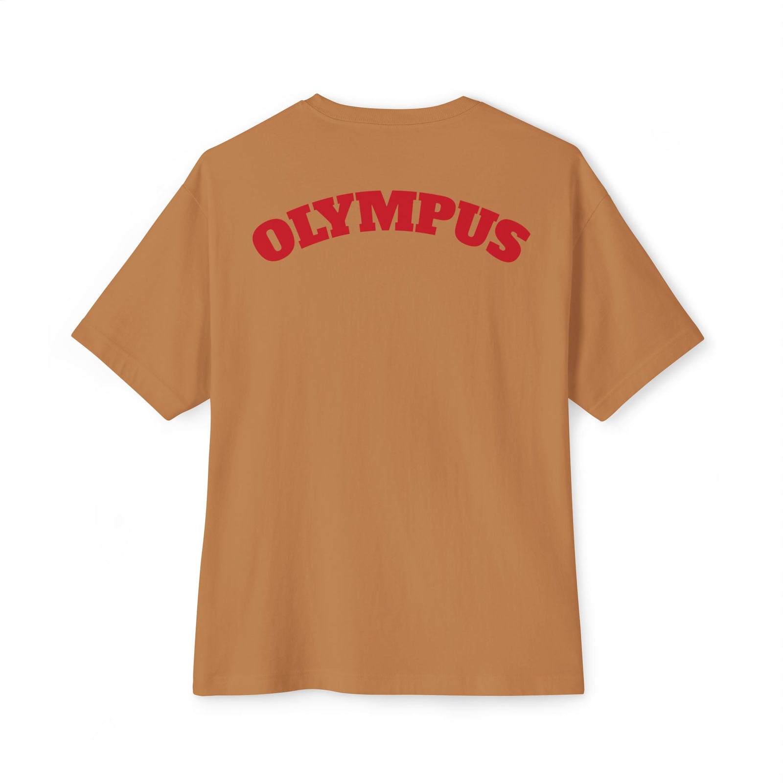 Brown t-shirt with 'OLYMPUS' printed on the back against a white background