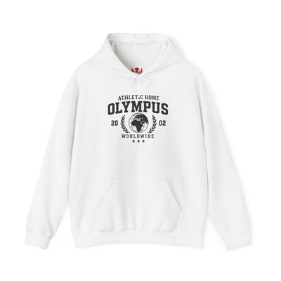 White hoodie with 'Olympus' logo on a white background