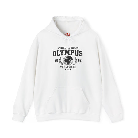 White hoodie with 'Olympus' logo on a white background