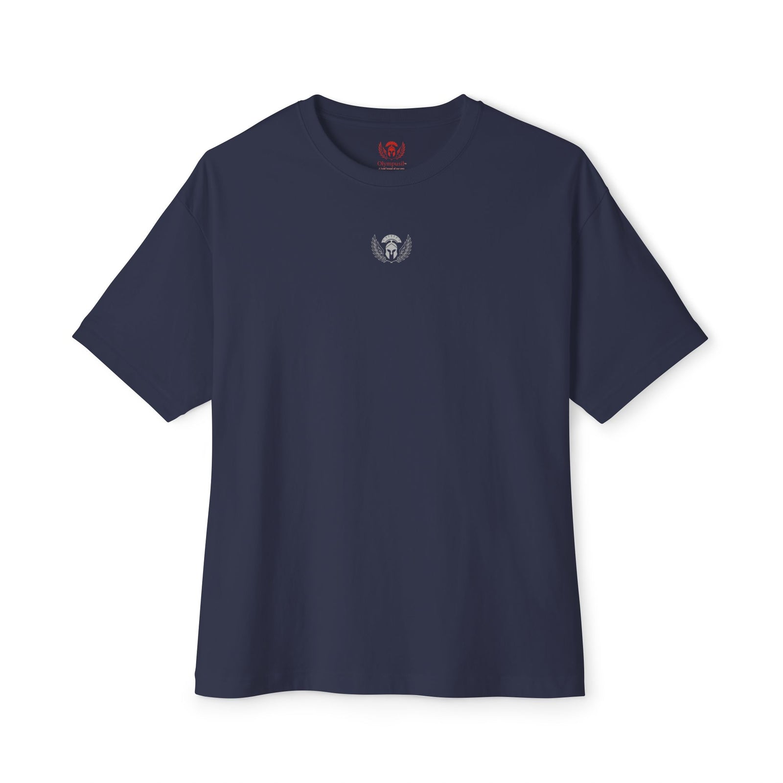 Navy blue t-shirt with a small logo on a white background