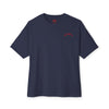 Navy blue t-shirt with a red logo on a white background