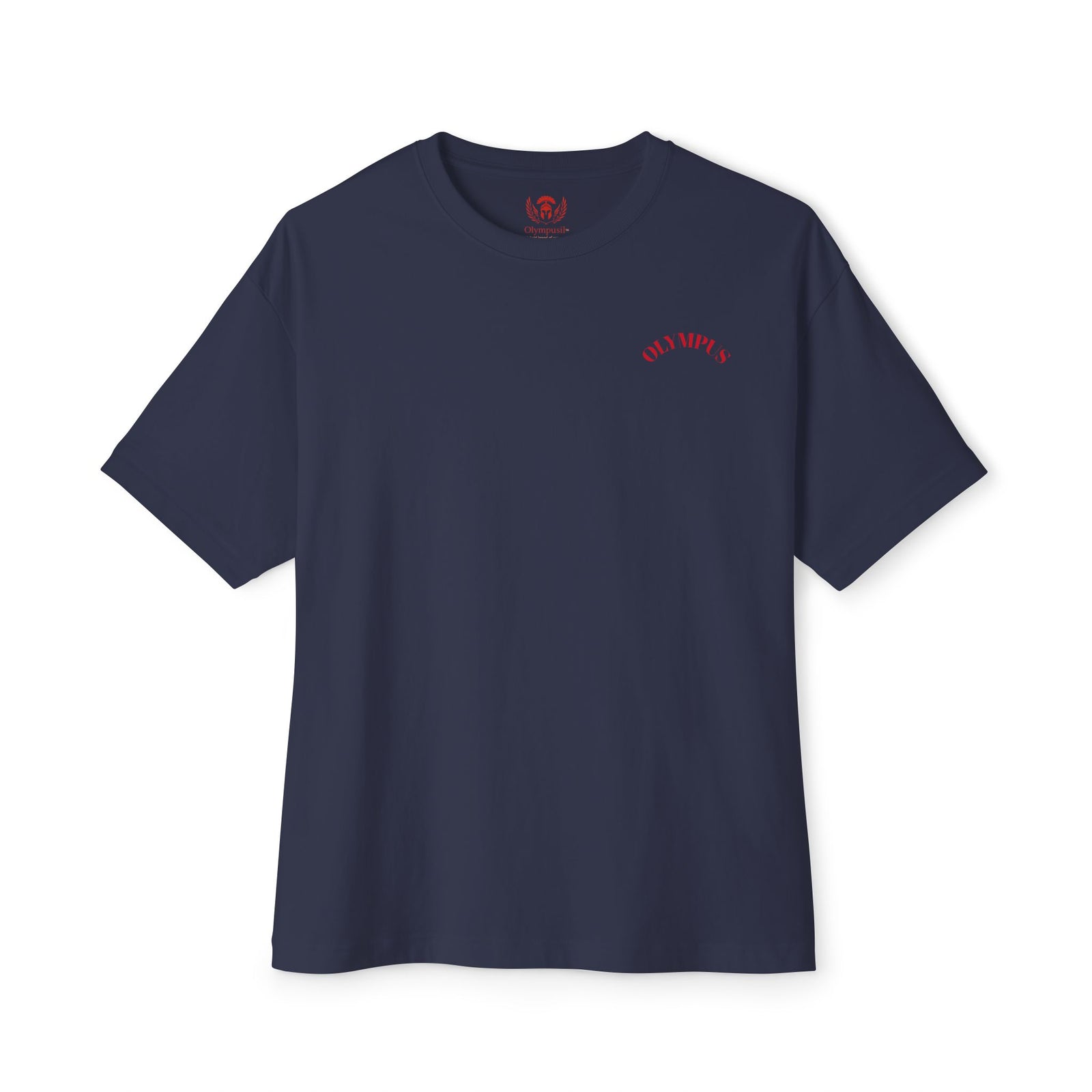 Navy blue t-shirt with a red logo on a white background