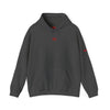 Gray hoodie with a red logo on a white background