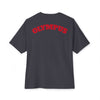 Black t-shirt with 'OLYMPUS' printed in red on the back against a white background