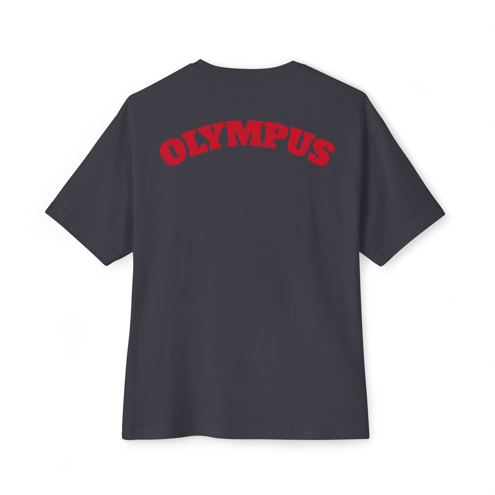 Black t-shirt with 'OLYMPUS' printed in red on the back against a white background