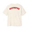Beige t-shirt with 'OLYMPUS' printed in red on the back against a white background