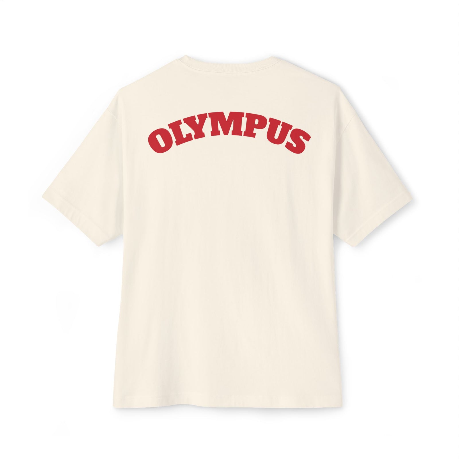 Beige t-shirt with 'OLYMPUS' printed in red on the back against a white background
