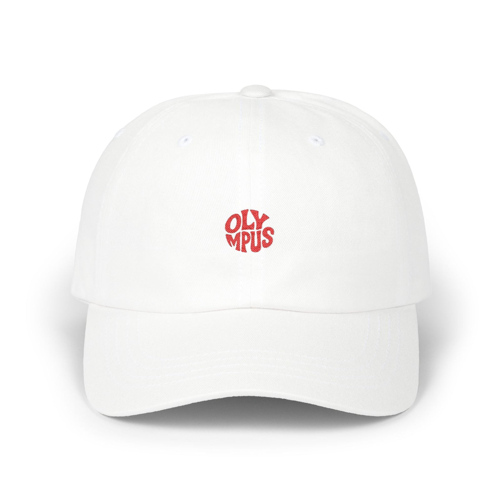 White cap with red 'Olympus' logo on a white background