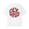 White t-shirt with red 'OLYMPUS' text on a white background