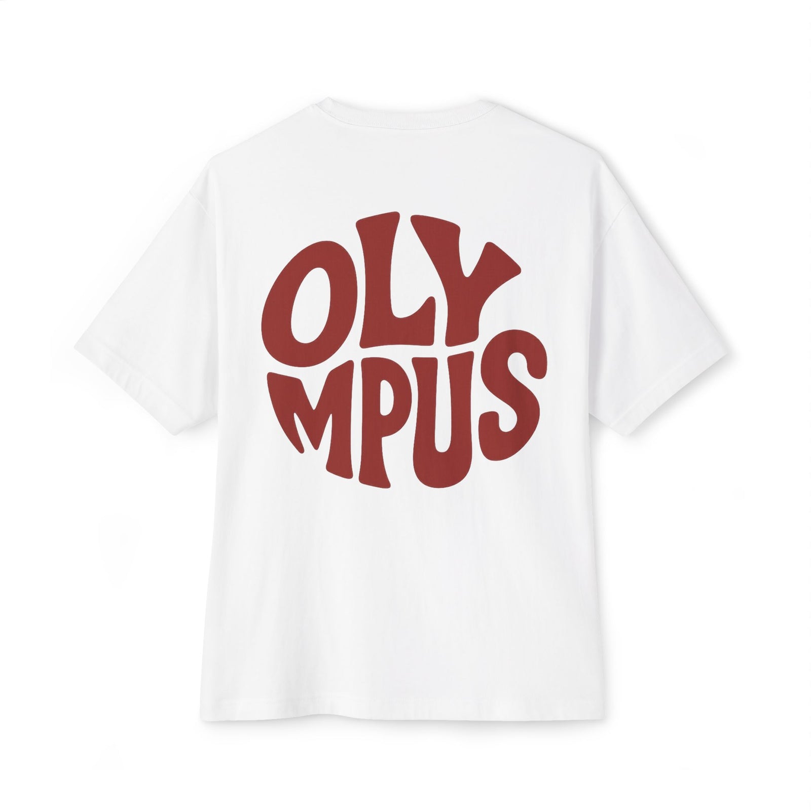 White t-shirt with red 'OLYMPUS' text on a white background