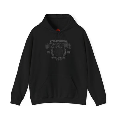 Black hoodie with white text and logo on a white background