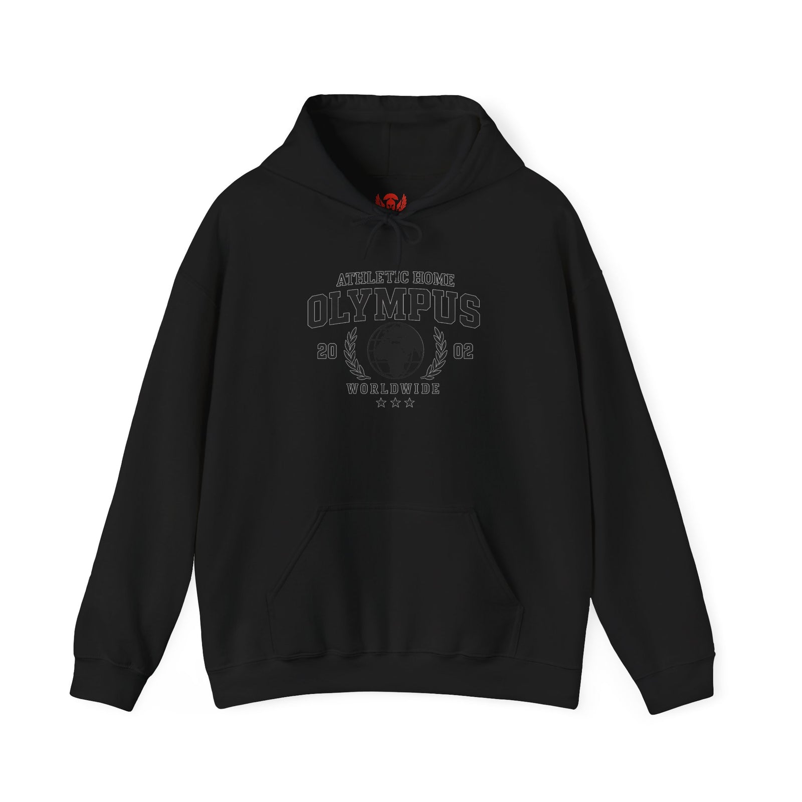 Black hoodie with white text and logo on a white background