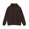Brown hoodie with red logo on a white background