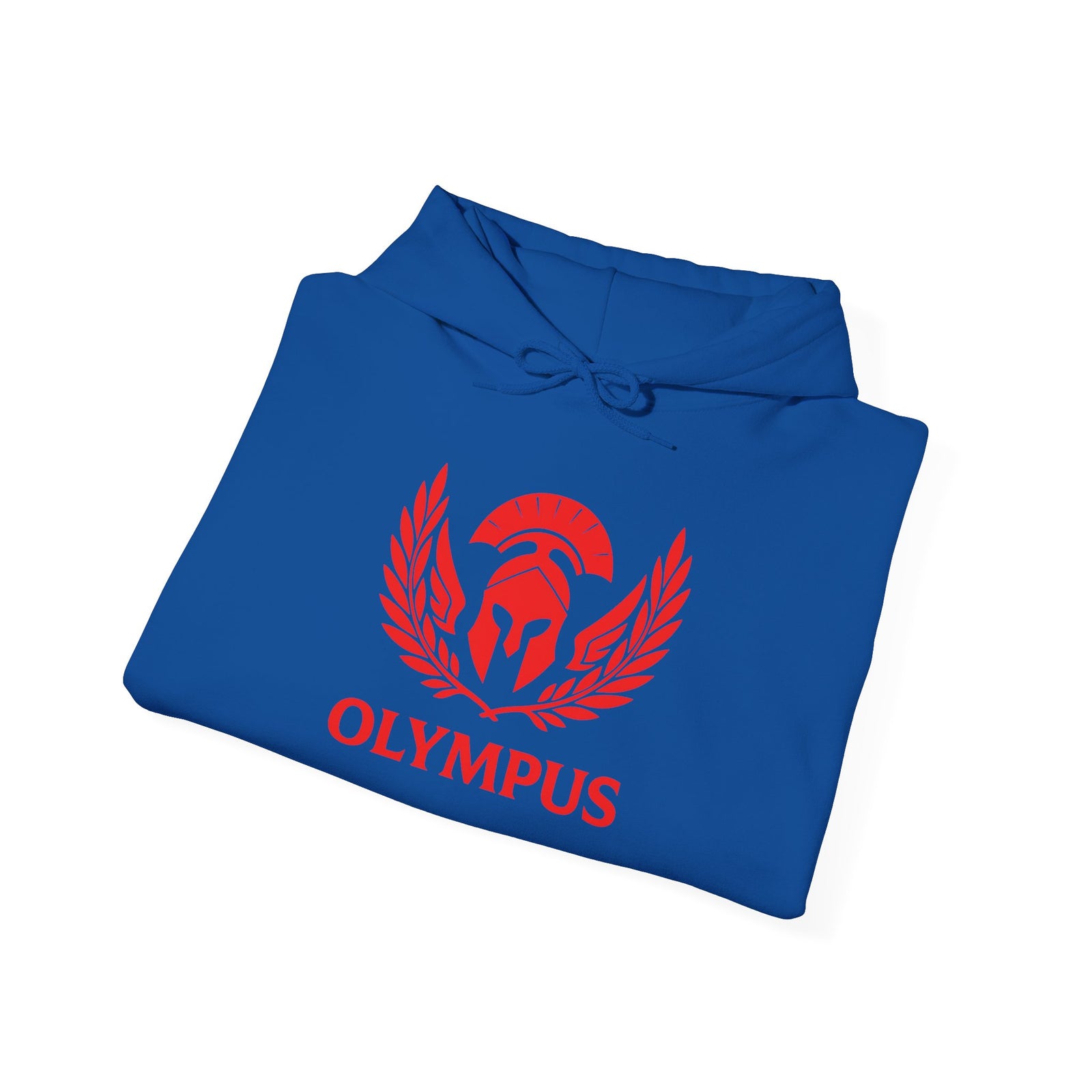Folded blue hoodie with red 'Olympus' logo on a white background
