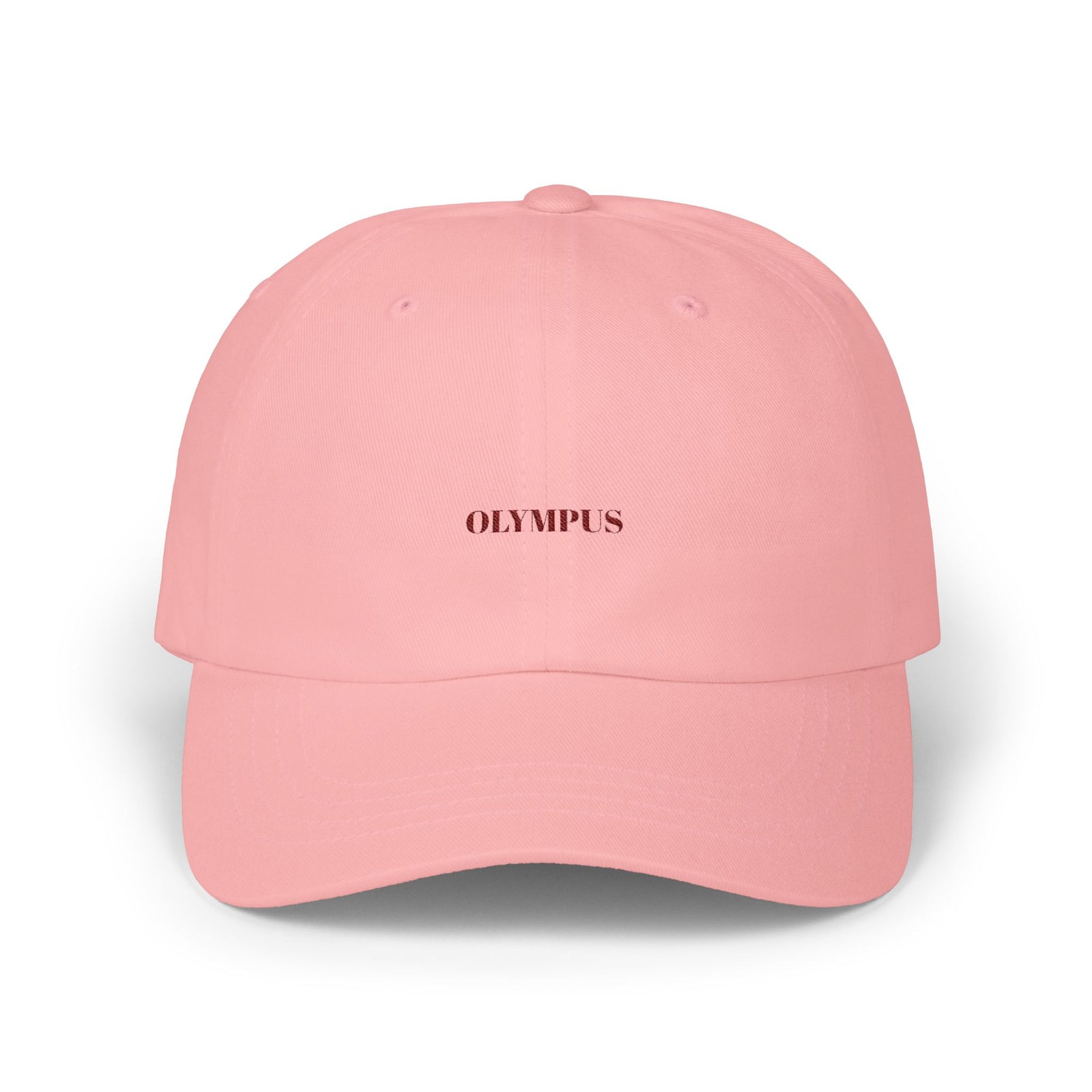 Pink cap with 'OLYMPUS' logo on a white background