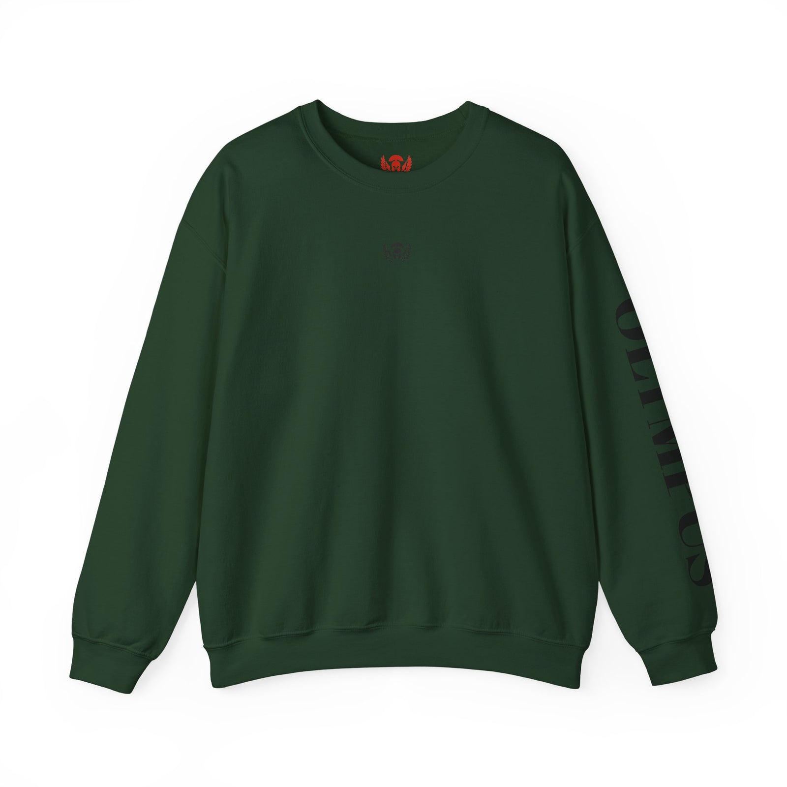 Green sweatshirt with a logo on the chest and text on the sleeve against a white background