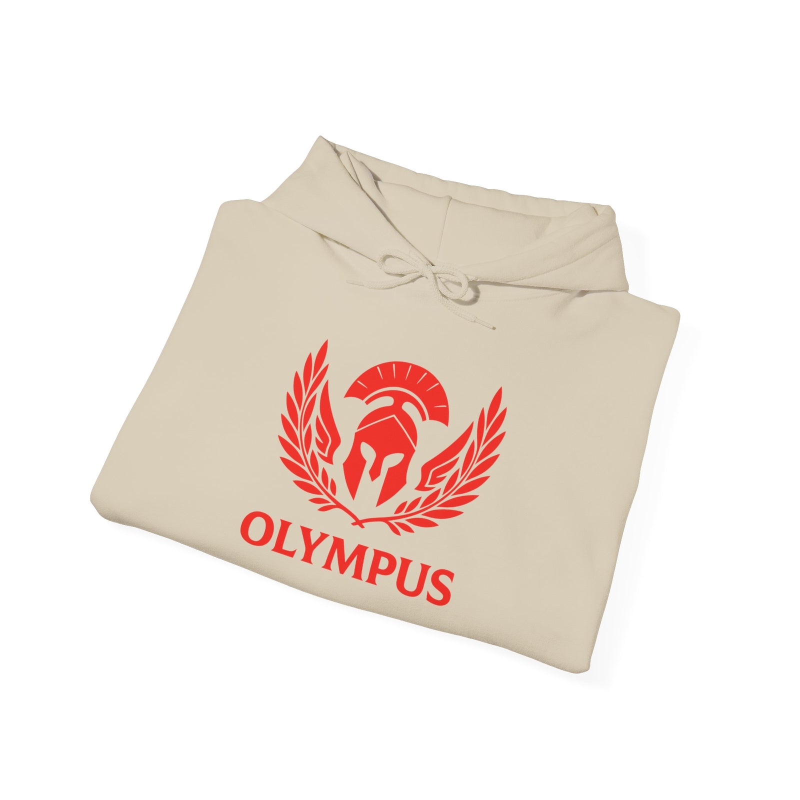 Beige hoodie with red 'Olympus' logo on a white background