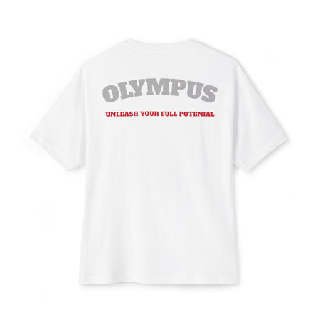 White t-shirt with 'OLYMPUS' and 'UNLEASH YOUR FULL POTENTIAL' text on a white background