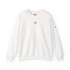 White sweatshirt with red logos on a white background