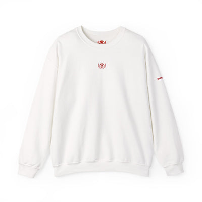 White sweatshirt with red logos on a white background