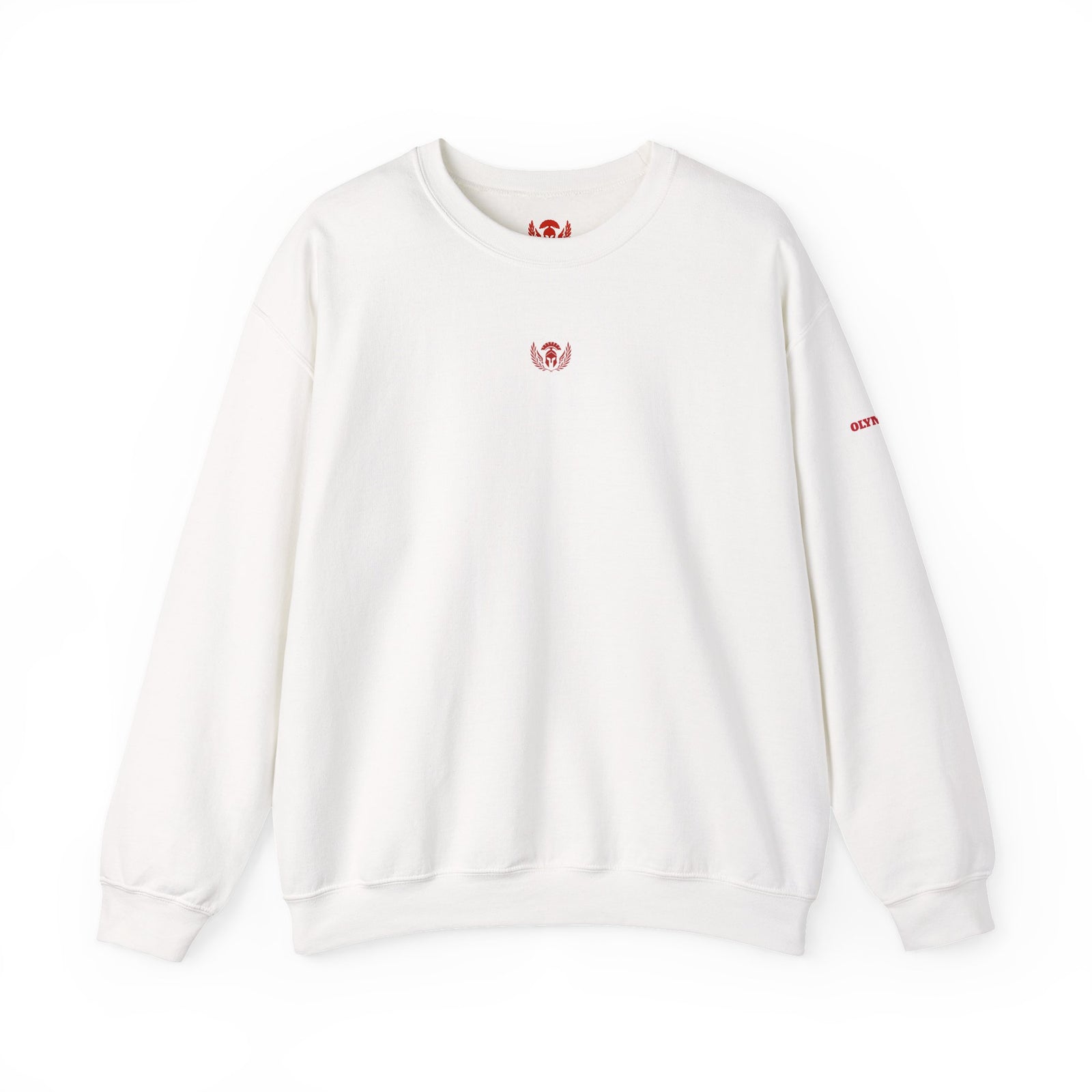 White sweatshirt with red logos on a white background