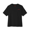 Black t-shirt with a red logo on a white background