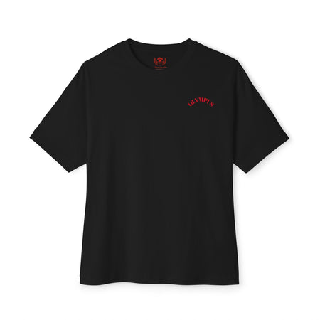 Black t-shirt with a red logo on a white background