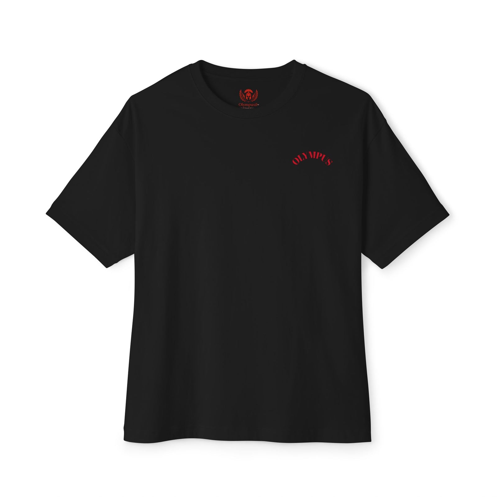 Black t-shirt with a red logo on a white background