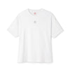 White t-shirt with a small logo on a white background