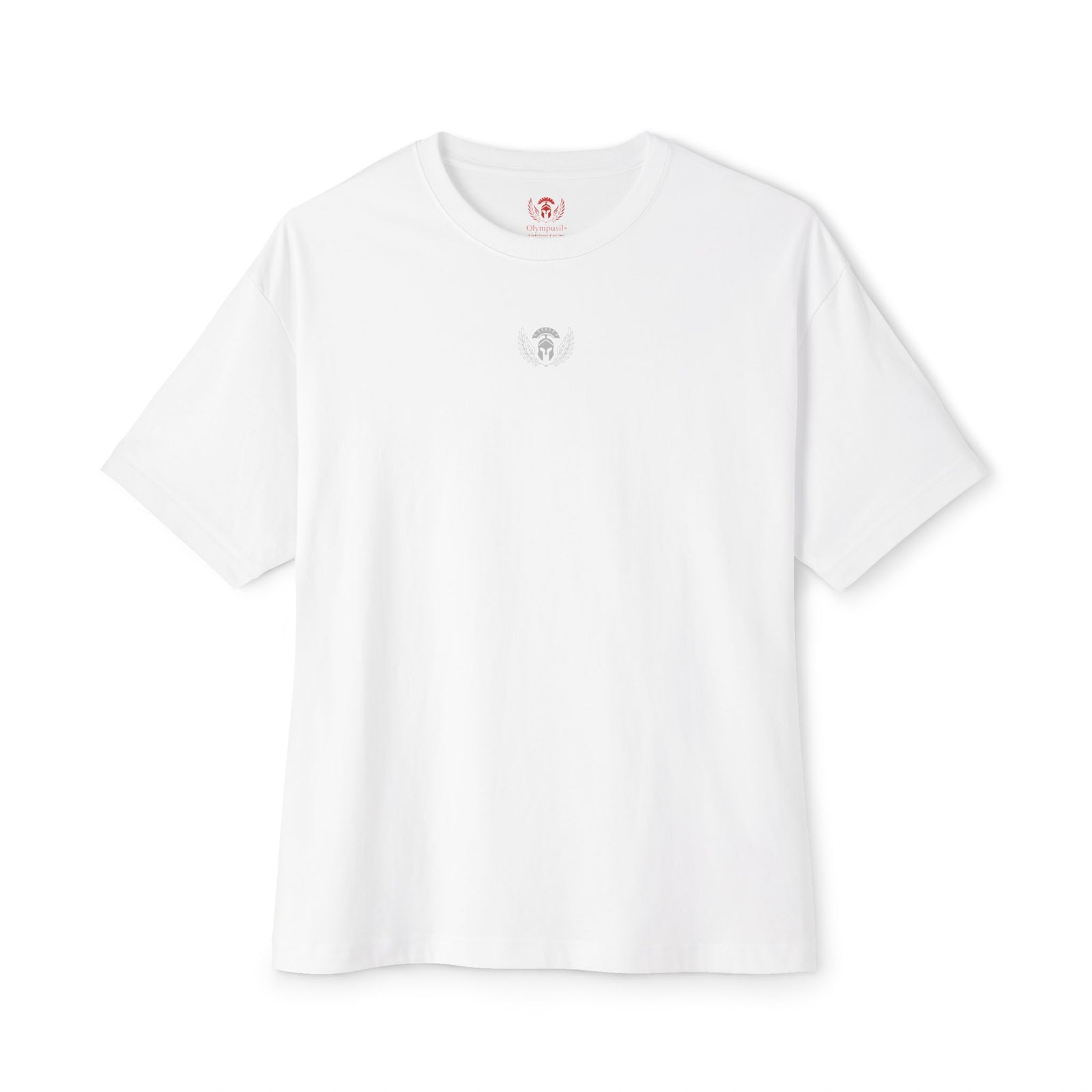 White t-shirt with a small logo on a white background