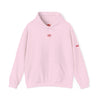 Pink hoodie with red branding on a white background
