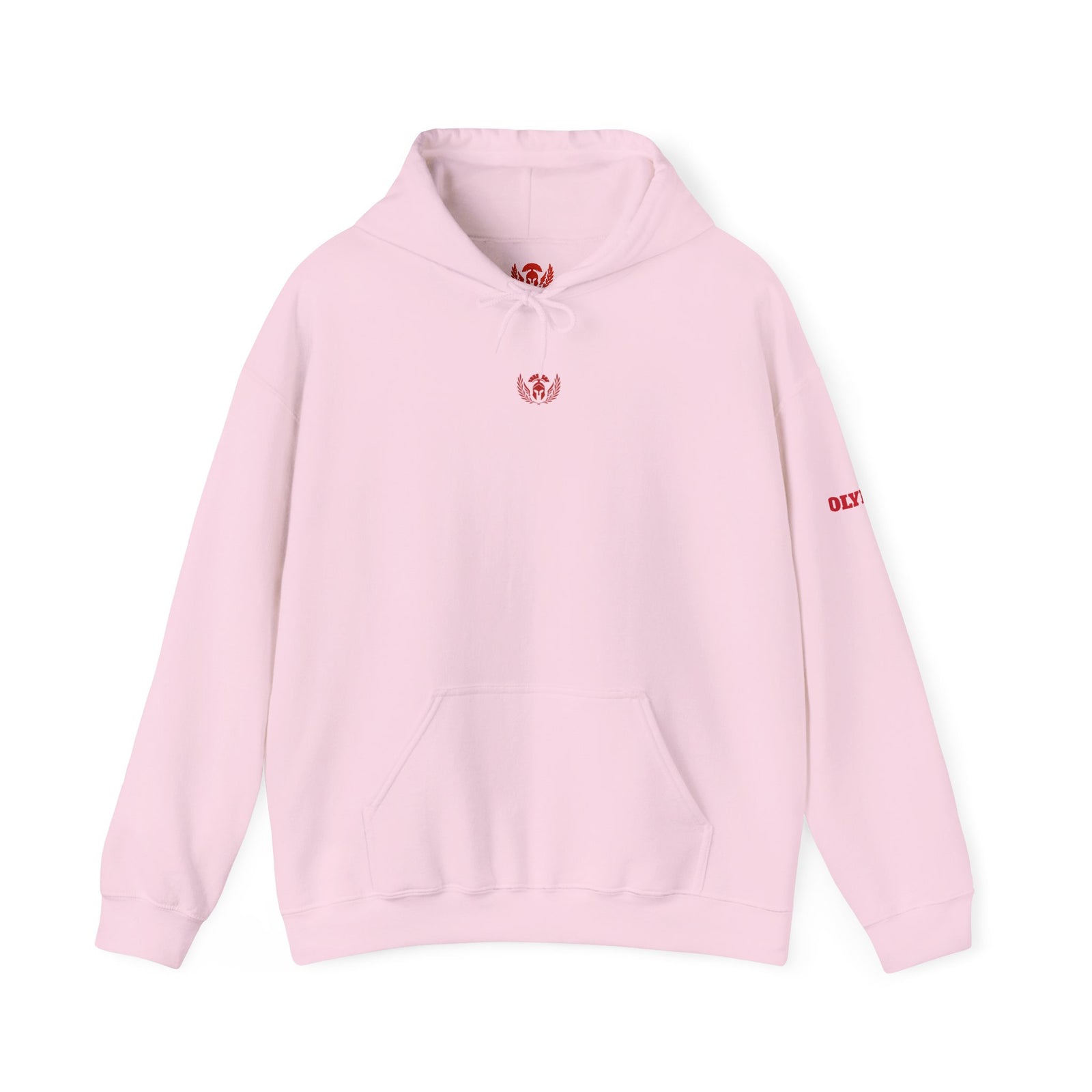 Pink hoodie with red branding on a white background