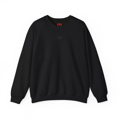 Black sweatshirt with a red logo on a white background