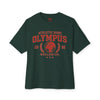Green t-shirt with red 'Olympus' branding on a white background