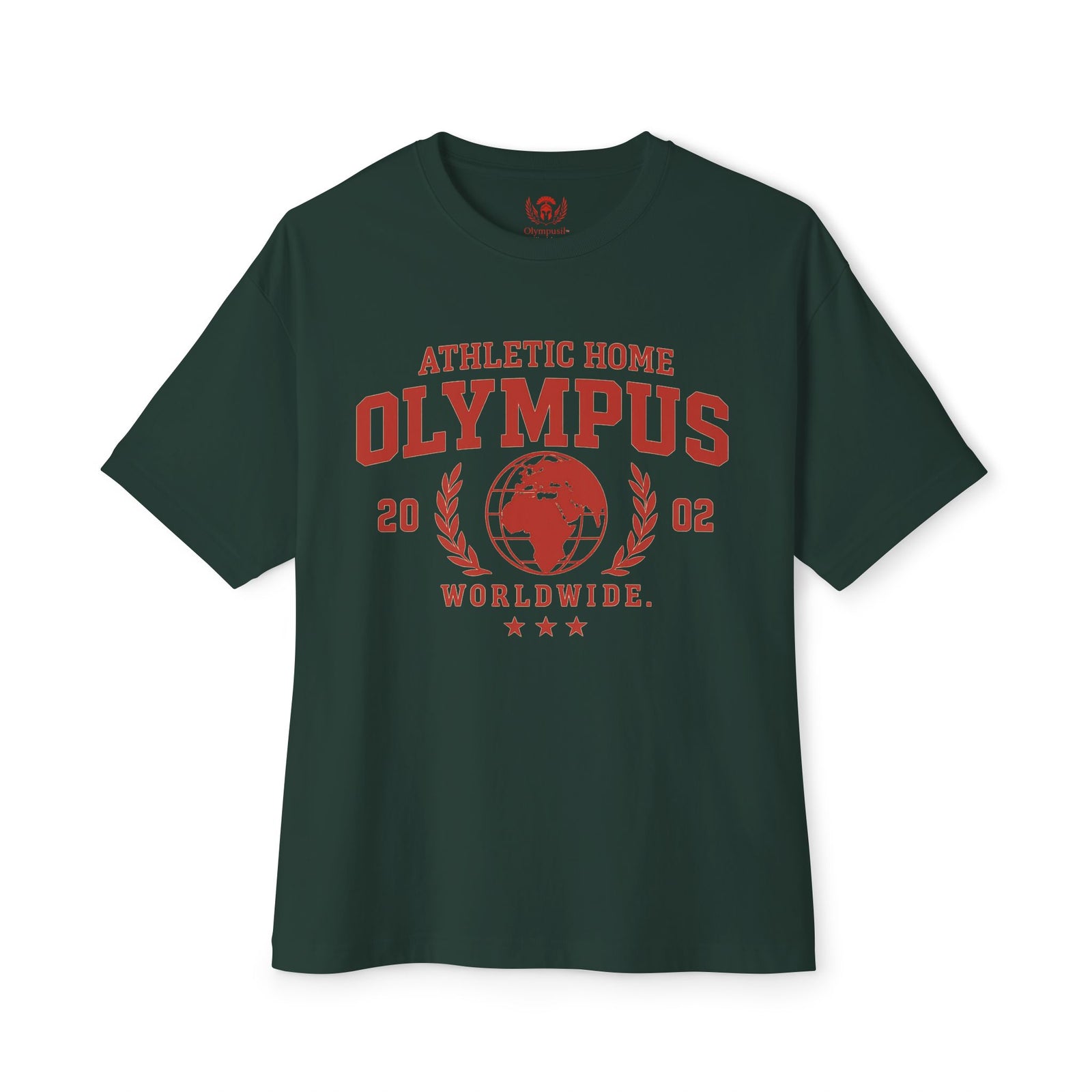 Green t-shirt with red 'Olympus' branding on a white background